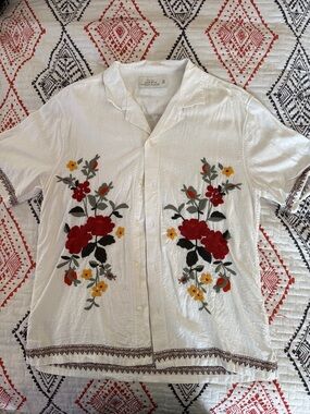 White Embroidered Floral Button-Up Shirt